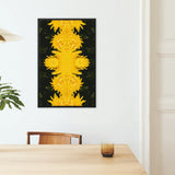 Tweedledum - Chrysanthemum Op Art Framed Canvas, Abstract Yellow Floral Artwork Mounted Black Background
