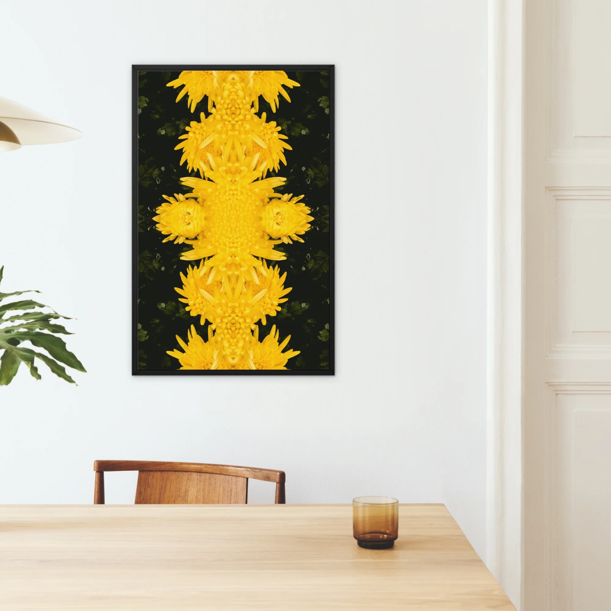 Tweedledum - Chrysanthemum Op Art Framed Canvas, Abstract Yellow Floral Artwork Mounted Black Background