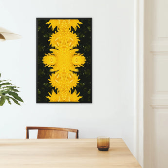 Tweedledum - Chrysanthemum Op Art Framed Canvas, Abstract Yellow Floral Artwork Mounted Black Background