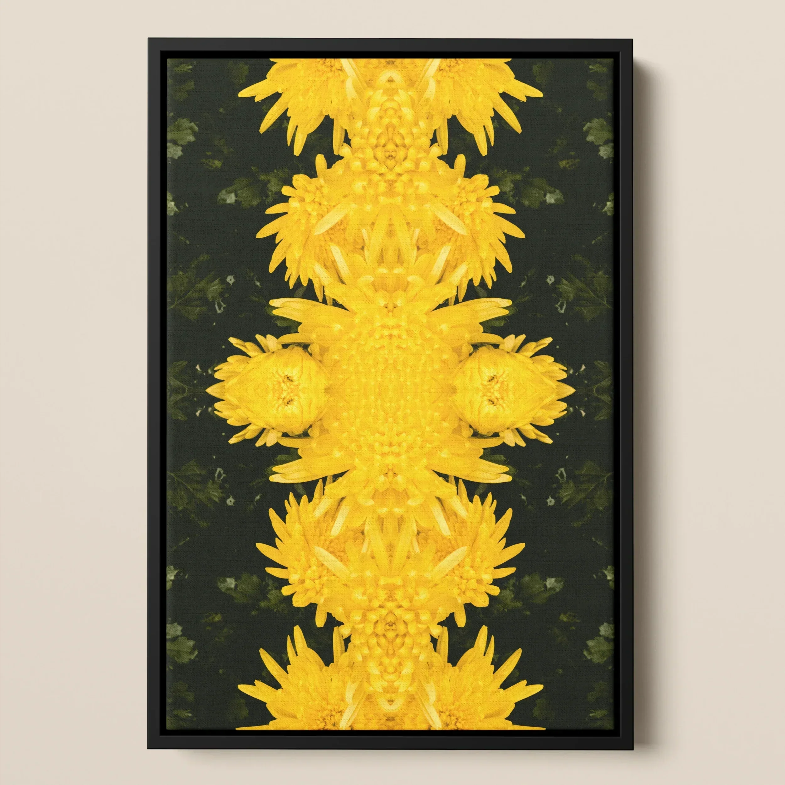 Tweedledum - Chrysanthemum Op Art Framed Canvas, Symmetrical Pattern Bright Yellow Sunflowers Dark Background