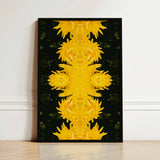 Framed Artwork Symmetrical Kaleidoscopic Pattern Vibrant Yellow Flowers Avant-garde Chrysanthemum Print, Golden Blooms Pirouette,