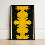 Framed Artwork Symmetrical Kaleidoscopic Pattern Vibrant Yellow Flowers Avant-garde Chrysanthemum Print, Golden Blooms Pirouette,