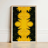 Framed Artwork Symmetrical Kaleidoscopic Pattern Vibrant Yellow Flowers Avant-garde Chrysanthemum Print, Golden Blooms Pirouette,