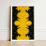 Framed Artwork Symmetrical Kaleidoscopic Pattern Vibrant Yellow Flowers Avant-garde Chrysanthemum Print, Golden Blooms Pirouette,