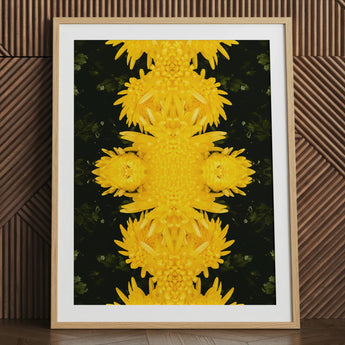 Tweedledum - Chrysanthemum Op Art Print / Canvas Framed Art Print Symmetrical Kaleidoscopic Pattern Vibrant Yellow Avant-garde