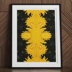 Tweedledum - Chrysanthemum Op Art Print, Framed Abstract Artwork Symmetrical Yellow Sunflower-like Patterns Dark