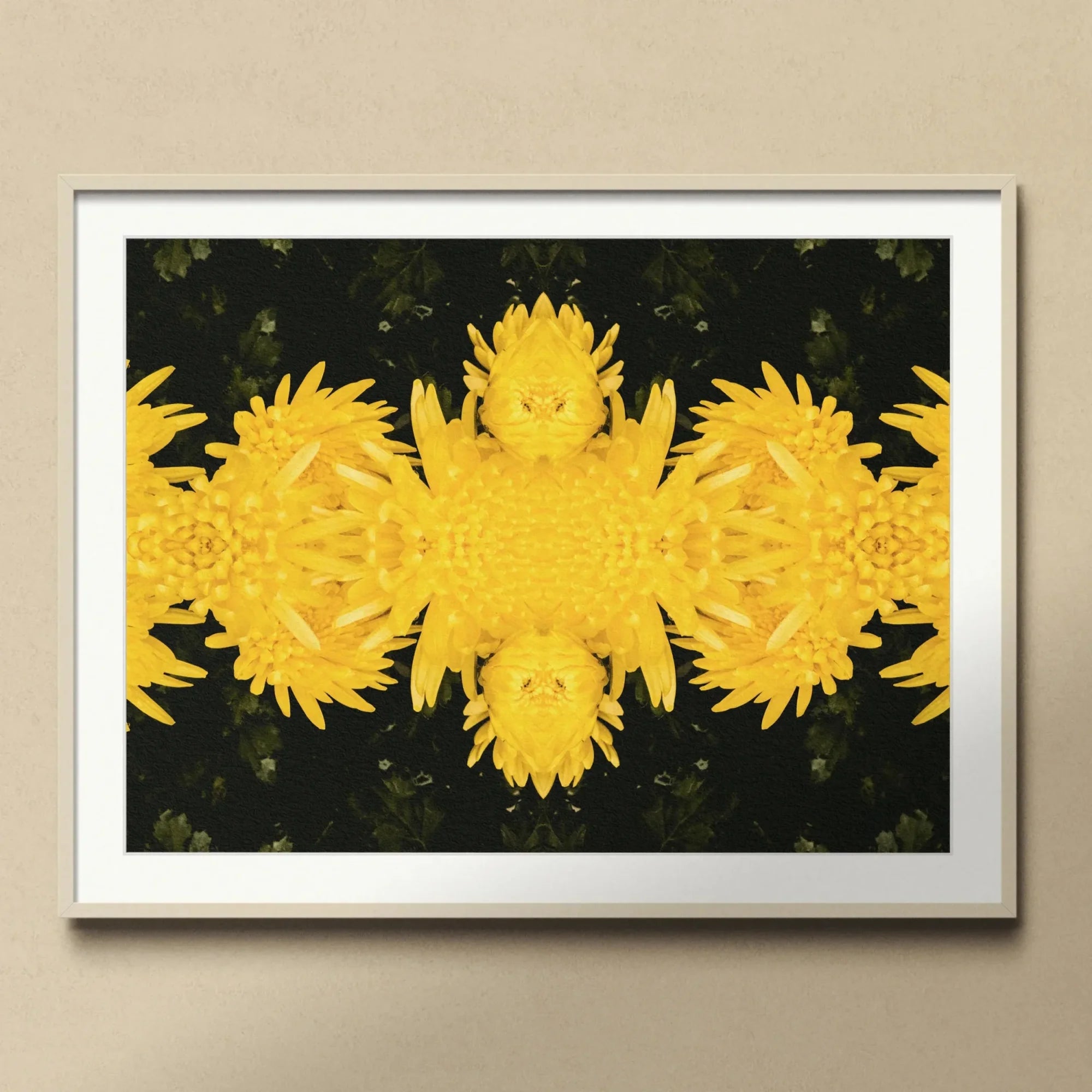 Tweedledum - Chrysanthemum Op Art Print, Kaleidoscopic Pattern Bright Yellow Dandelion Flowers Arranged Symmetrical