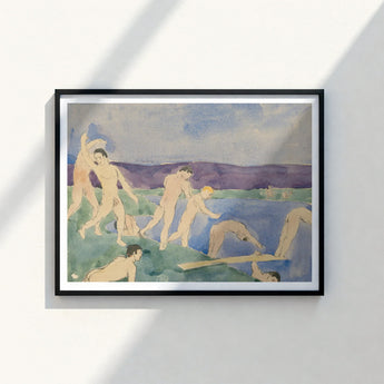 Framed Watercolor Painting Nude Figures Lake Enclosed Sleek Pale Emerge, Pagan Tableau Echoing, Aqueous Oblivion