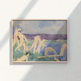 Watercolor Painting Light Wooden Frame Nude Figures Blue Pale Emerge, Pagan Tableau Echoing, Aqueous Oblivion