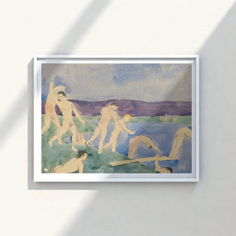 White-framed Watercolor Painting Nude Figures Lake Soft Blues Pale Emerge, Pagan Tableau Echoing, Aqueous Oblivion