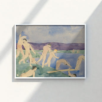 Watercolor Painting White Frame Nude Figures Lake Rendered Pale Emerge, Pagan Tableau Echoing, Aqueous Oblivion