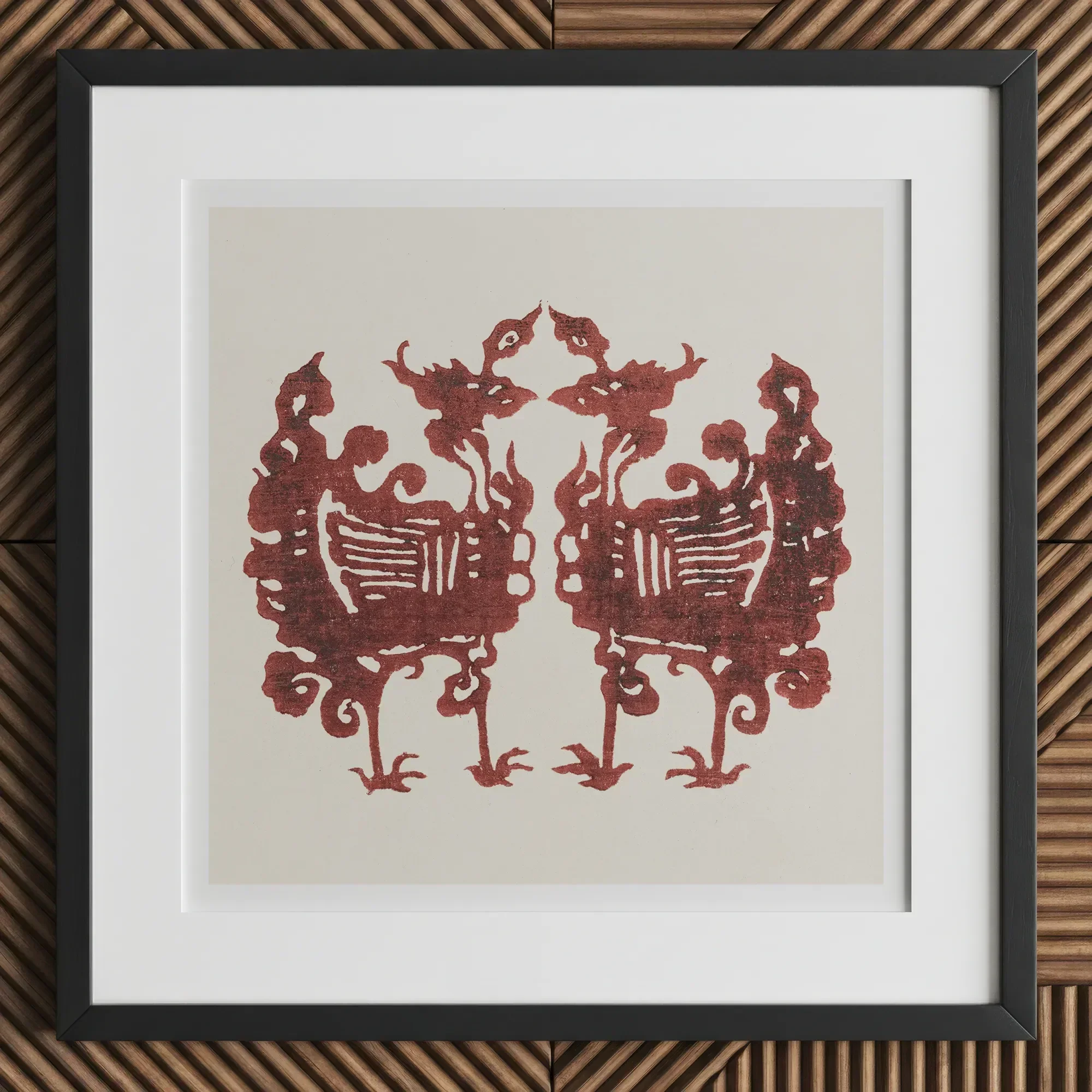 Twin Flame Phoenix - Taguchi Tomoki Art Print, 12x12’’ / 31x31cm / Black Frame / 2’’ Matboard, Framed Print Two Stylized Mirrored Red