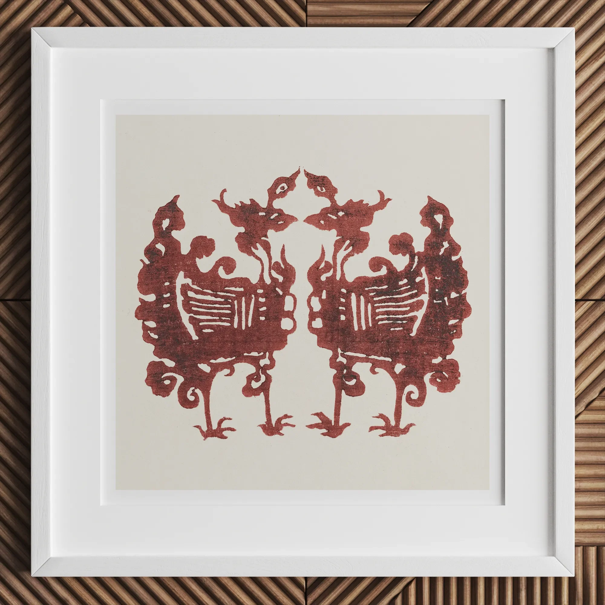Twin Flame Phoenix - Taguchi Tomoki Art Print, 12x12’’ / 31x31cm / White Frame, Framed Art Print Mirrored Red Bird-like Figures