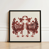 Framed Artwork Two Symmetrical Ornate Red Bird Silhouettes Taguchi Tomoki’s Yatsuo, Tsubaki Woodblock Print, Tomoki Avian
