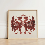 Square-framed Artwork Symmetrical Intricate Red Silhouette Two Stylized Taguchi Tomoki’s Yatsuo, Tsubaki Woodblock Print, Tomoki Avian