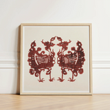 Framed Artwork Symmetrical Intricate Red Silhouette Two Stylized Taguchi Tomoki’s Yatsuo, Tsubaki Woodblock Print, Tomoki Avian
