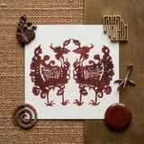 Twin Flame Phoenix - Taguchi Tomoki Art Print / Canvas Maroon Paper-cut Artwork Two Symmetrical Ornate Mythical Creatures Taguchi Tomoki’s