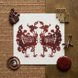 Twin Flame Phoenix - Taguchi Tomoki Art Print / Canvas Maroon Paper-cut Artwork Two Symmetrical Ornate Mythical Creatures Tomoki’s Yatsuo,