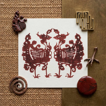 Twin Flame Phoenix - Taguchi Tomoki Art Print / Canvas Maroon Paper-cut Artwork Two Symmetrical Ornate Mythical Creatures Tomoki’s Yatsuo,