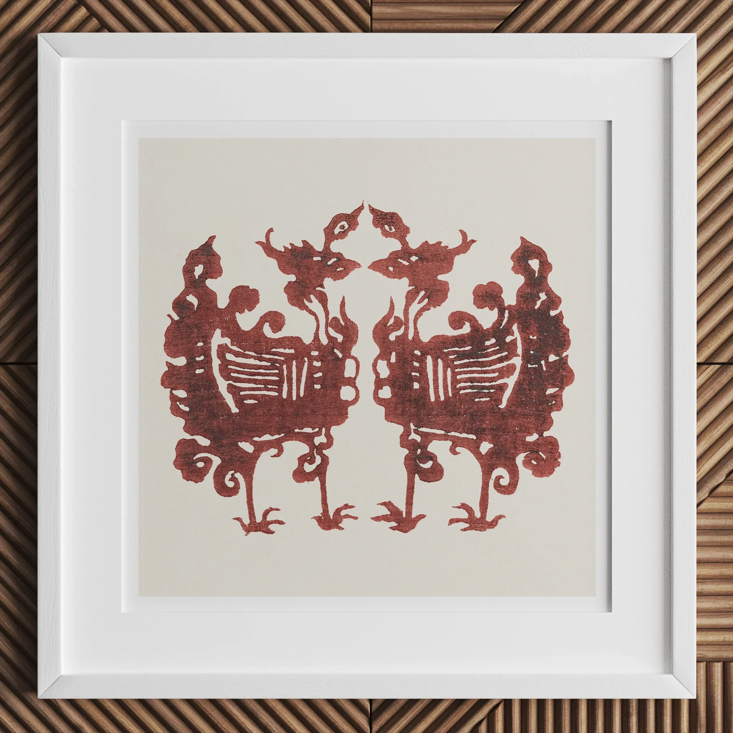 Twin Flame Phoenix - Taguchi Tomoki Art Print, Framed Artwork Symmetrical Red Design Two Stylized Bird-like