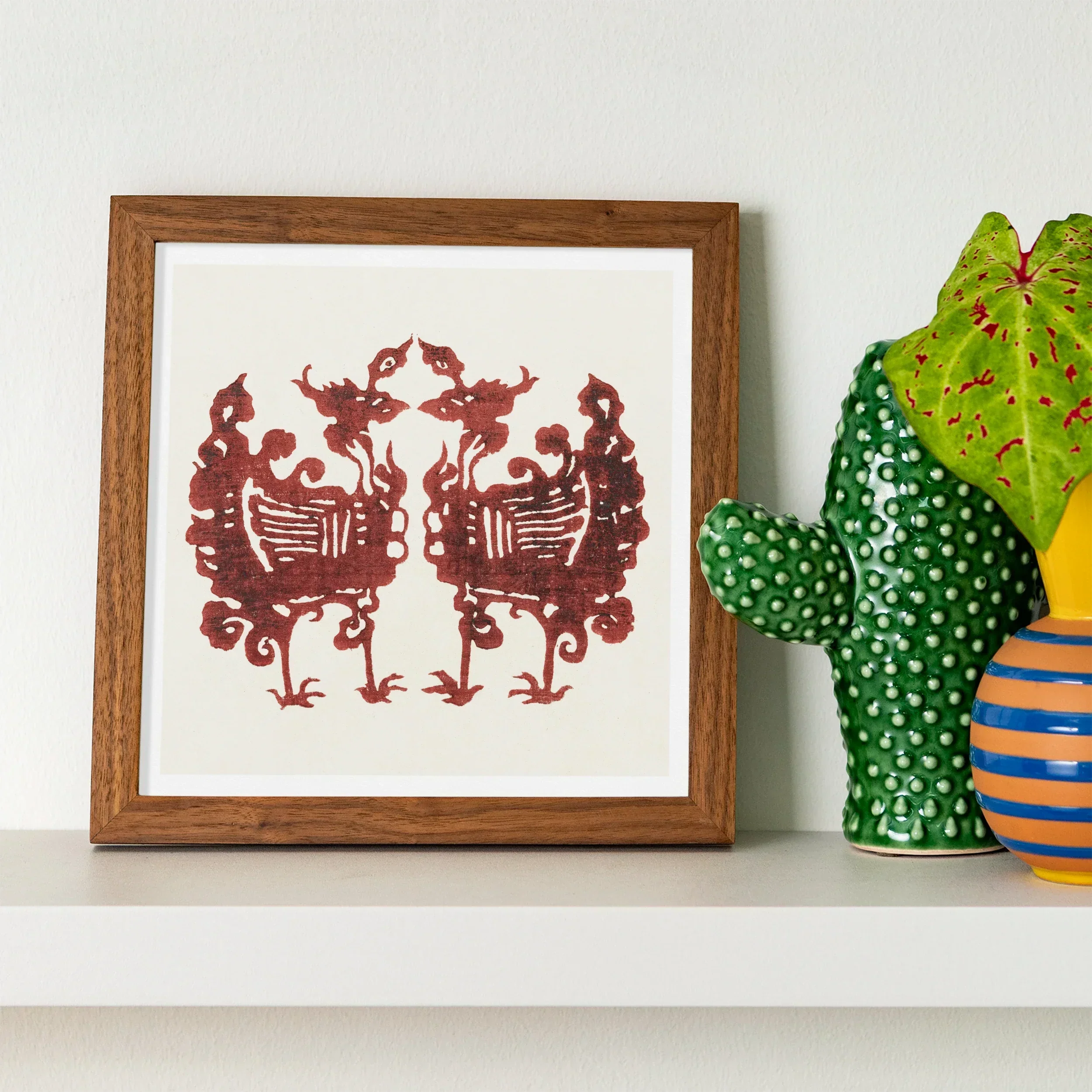 Twin Flame Phoenix - Taguchi Tomoki Art Print, Framed Embroidery Print Two Stylized Rooster-like Figures Symmetrical