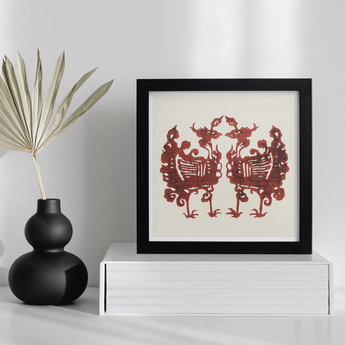 Twin Flame Phoenix - Taguchi Tomoki Art Print, Framed Red Artwork Two Symmetrical Stylized Bird-like Figures