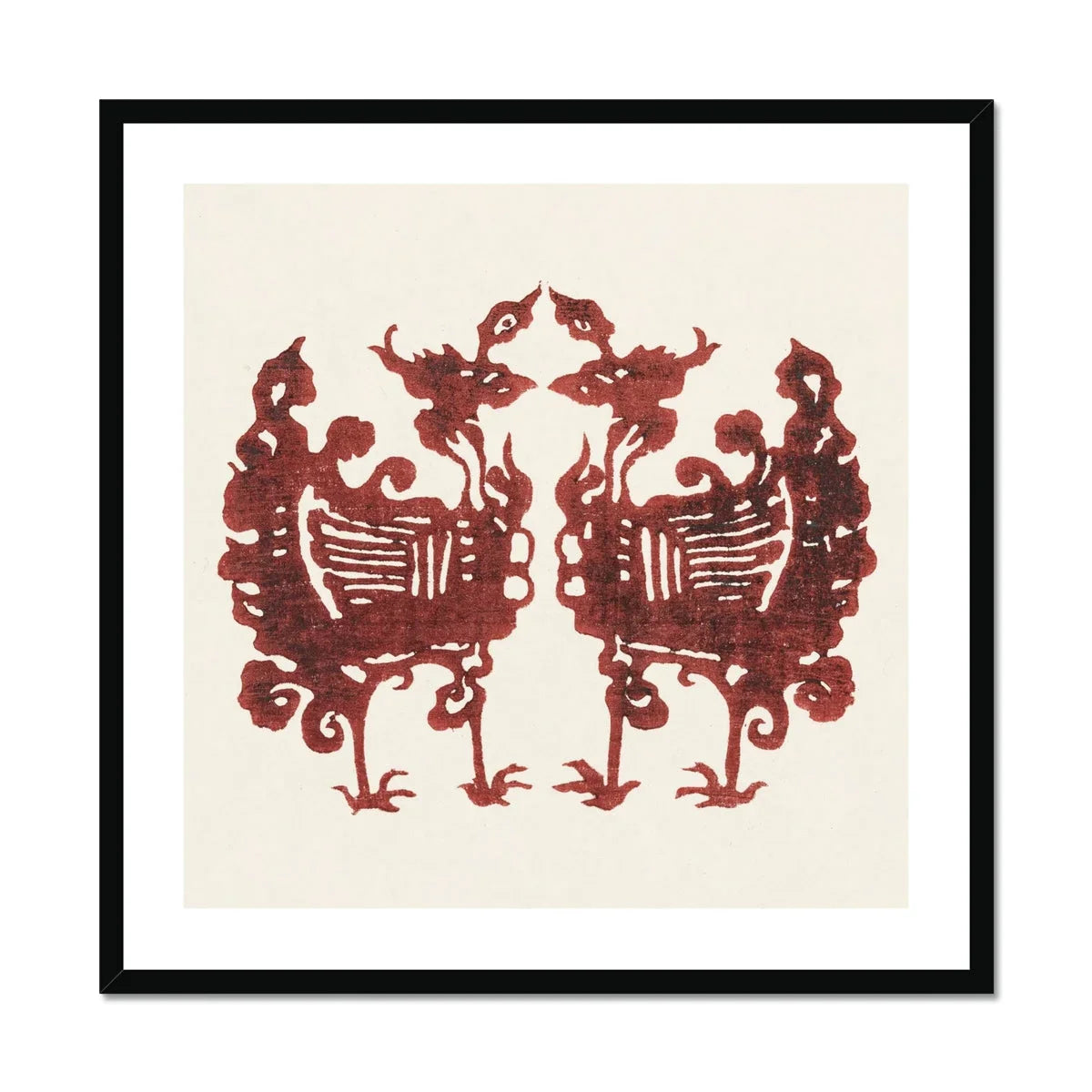 Twin Flame Phoenix - Taguchi Tomoki Art Print, Symmetrical Burgundy-colored Design Two Ornate Birds Decorative Swirls