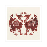 Twin Flame Phoenix - Taguchi Tomoki Art Print, Symmetrical Burgundy Design Two Ornate Birds Decorative Tails