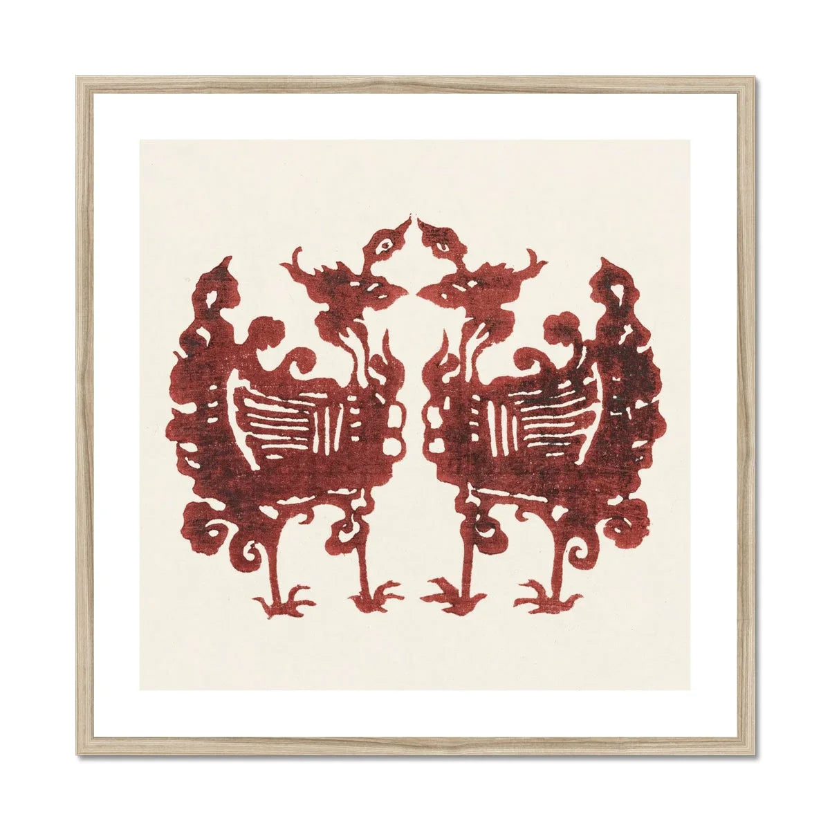 Twin Flame Phoenix - Taguchi Tomoki Art Print, Two Symmetrical Burgundy-colored Mythical Birds Face Decorative