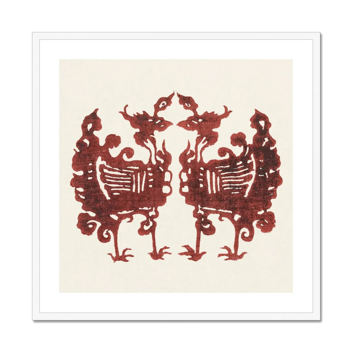 Twin Flame Phoenix - Taguchi Tomoki Art Print, Two Symmetrical Burgundy-colored Phoenix Birds Ornate Decorative Patterns
