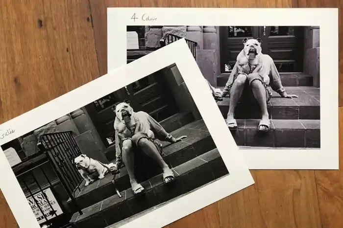 Two black and white photographs displayed on a wooden surface.