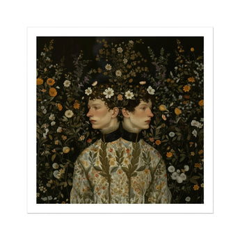 Harold & Claude - Netherlandish Gay Twins Art Print, Portrait Two Women Floral Headdresses Dark Background