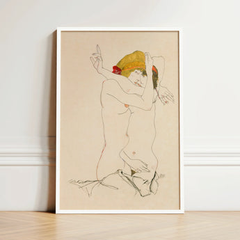Framed Artwork Stylized Nude Figure Expressive Pose Delicate Egon Schiele’s Provocative World, Tantalizing Art Print, Women Embracing