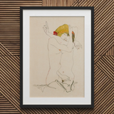 Two Nude Women Embracing - Egon Schiele Art Print / Canvas Framed Artwork Stylized Figure Dynamic Pose Lines Schiele’s Provocative World,