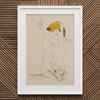 Two Nude Women Embracing - Egon Schiele Art Print / Canvas Framed Artwork Stylized Figure Yellow Headwrap Red Schiele’s Provocative World,