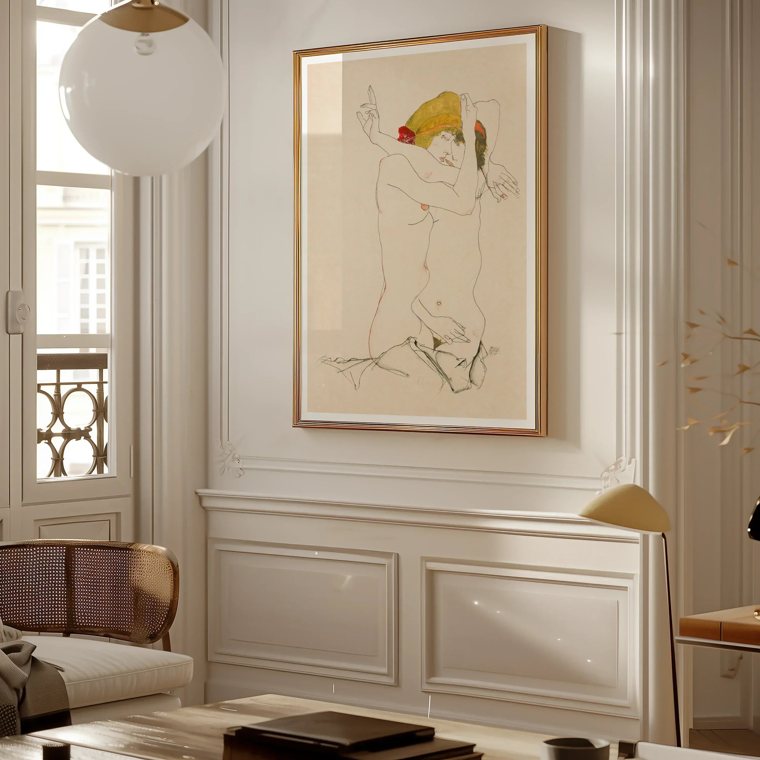 Two Nude Women Embracing Egon Schiele Art Print, Framed Minimalist Line Yellow Accent Mounted White Wall