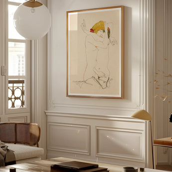 Two Nude Women Embracing - Egon Schiele Art Print, Framed Minimalist Line Yellow Accent Mounted White Wall