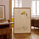Two Nude Women Embracing - Egon Schiele Art Print, Framed Sketch Nude Figure Yellow Red Accents