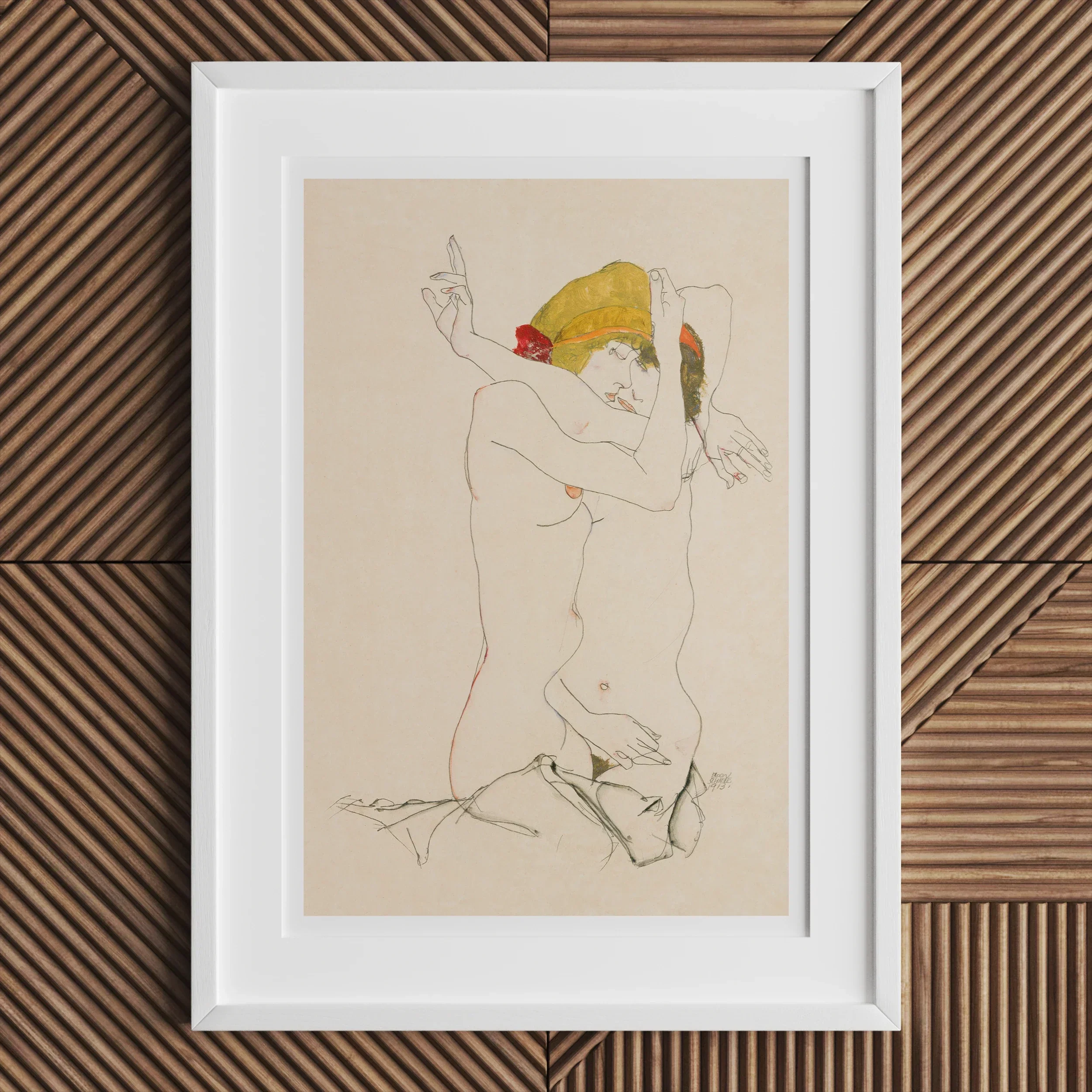 Two Nude Women Embracing - Egon Schiele Art Print, Framed Sketch Nude Figure Yellow Hair Red Lips