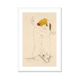 Two Nude Women Embracing - Egon Schiele Art Print, Minimalist Line Nude Figure Yellow Red Color Accents