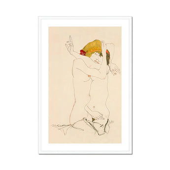 Two Nude Women Embracing - Egon Schiele Art Print, Minimalist Line Nude Figure Yellow Red Color Accents
