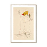 Two Nude Women Embracing - Egon Schiele Art Print, Minimalist Line Nude Figure Yellow Red Color Accents