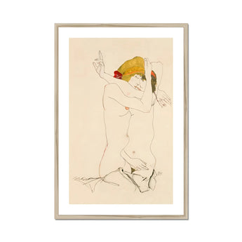 Two Nude Women Embracing - Egon Schiele Art Print, Minimalist Line Nude Figure Yellow Red Color Accents
