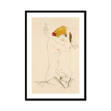 Two Nude Women Embracing - Egon Schiele Art Print, Minimalist Line Nude Figure Yellow Red Color Accents
