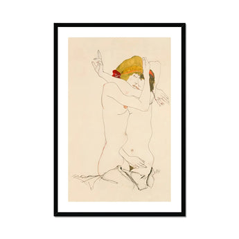 Two Nude Women Embracing - Egon Schiele Art Print, Minimalist Line Nude Figure Yellow Red Color Accents