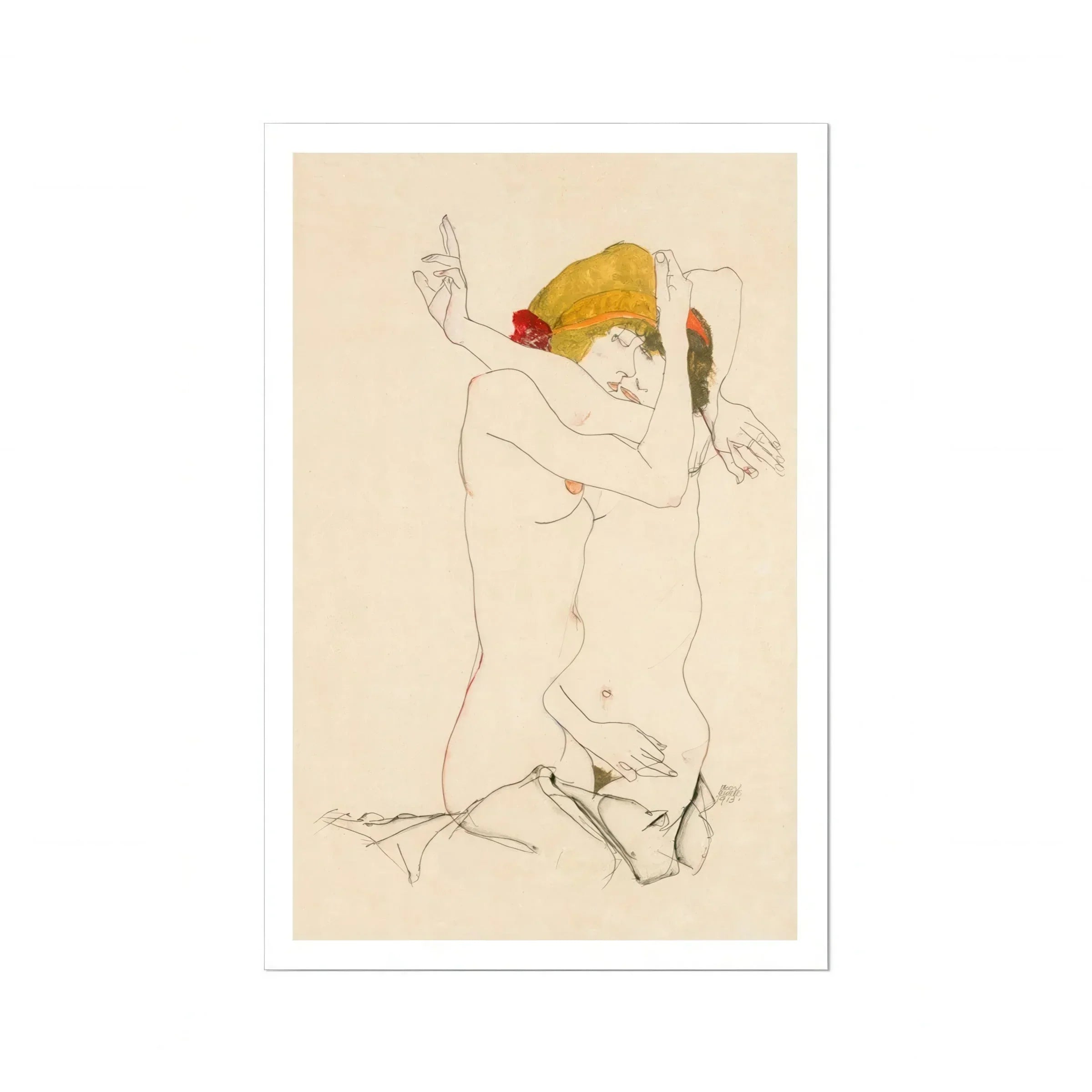 Two Nude Women Embracing - Egon Schiele Art Print, Minimalist Line Two Figures Yellow Head Figure