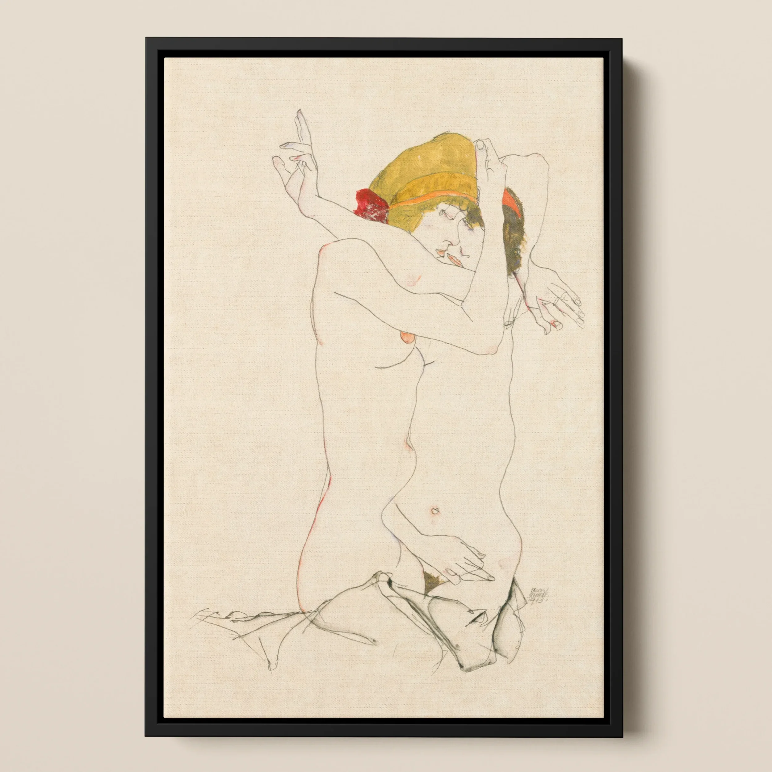 Two Nude Women Embracing - Egon Schiele Framed Canvas, Minimalist Sketch Two Nude Figures Splash Yellow Red