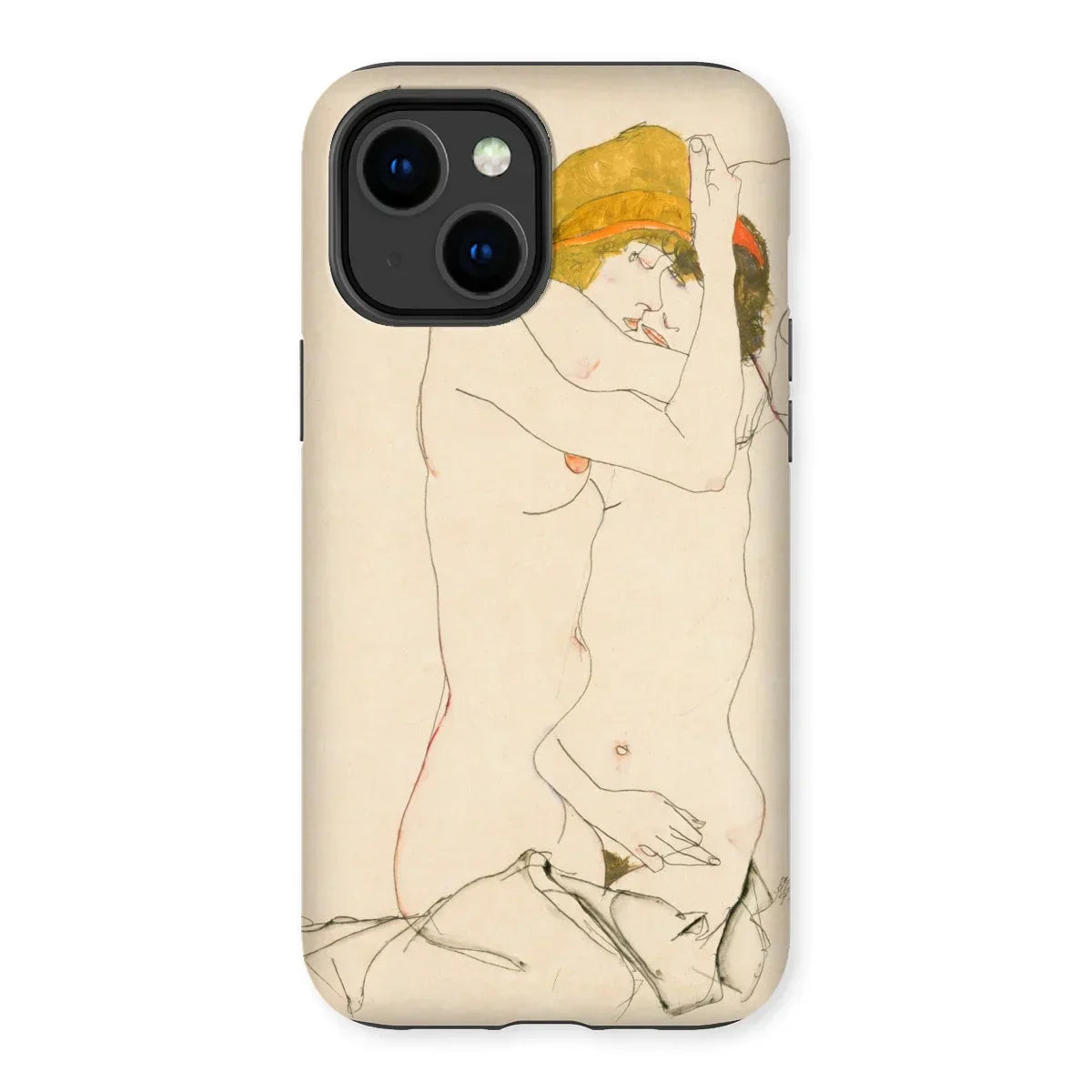 Two Nude Women Embracing - Egon Schiele Iphone Case, 14 Plus / Matte, Phone Case Artistic Nude Line Minimalist Style