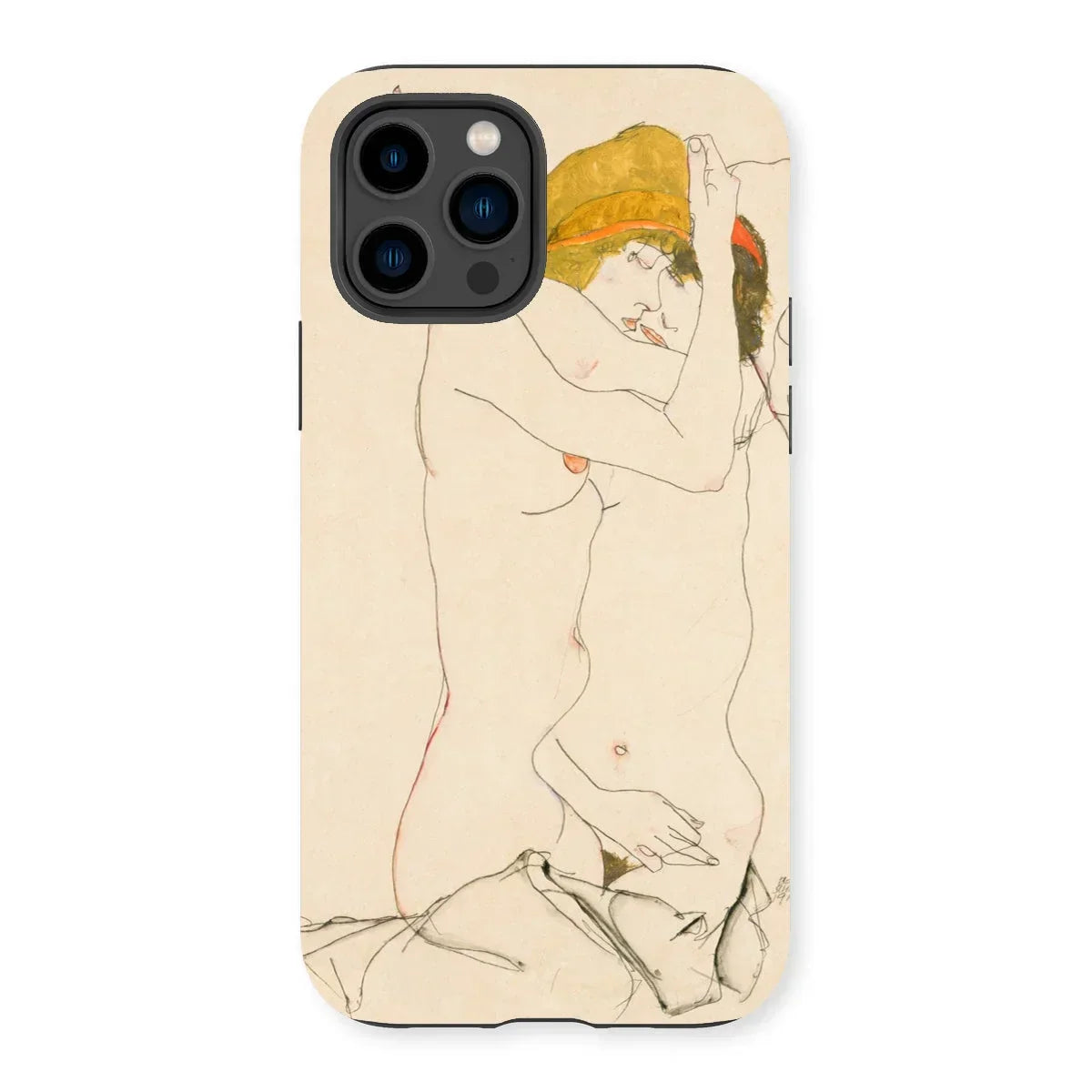 Two Nude Women Embracing - Egon Schiele Iphone Case, 14 Pro / Matte, Phone Case Minimalist Line Two Nude Figures Intimate