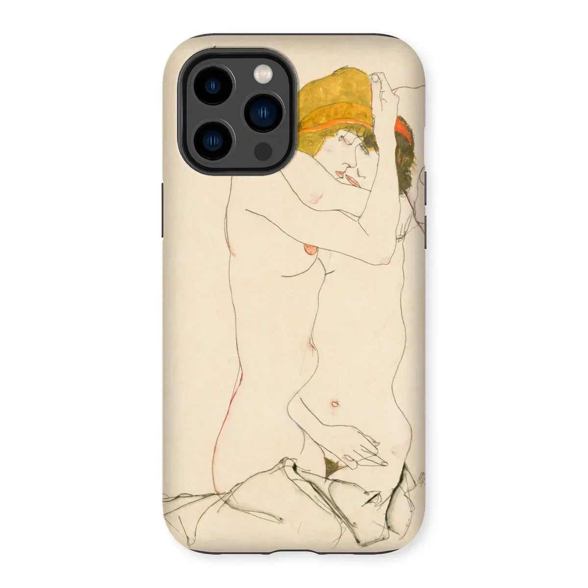 Two Nude Women Embracing - Egon Schiele Iphone Case, 14 Pro Max / Matte, Phone Case Artistic Nude Line Minimalist Style